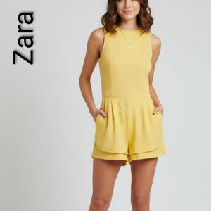 Women's ZARA TRAFALUC Yellow Sleeveless Romper Skort S butter mock high neck